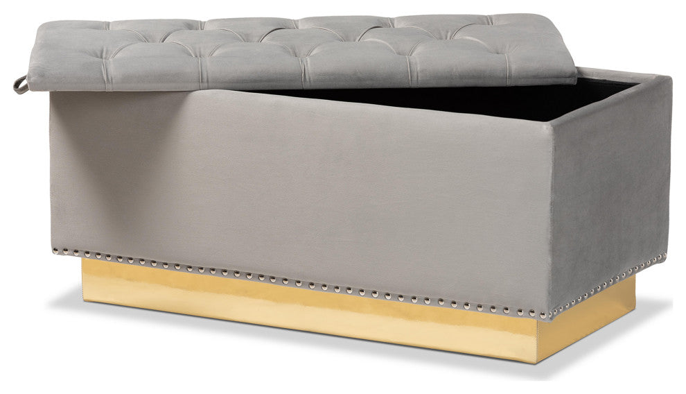 Glam and Luxe Grey Velvet Fabric Upholstered and Gold PU Leather Storage Ottoman