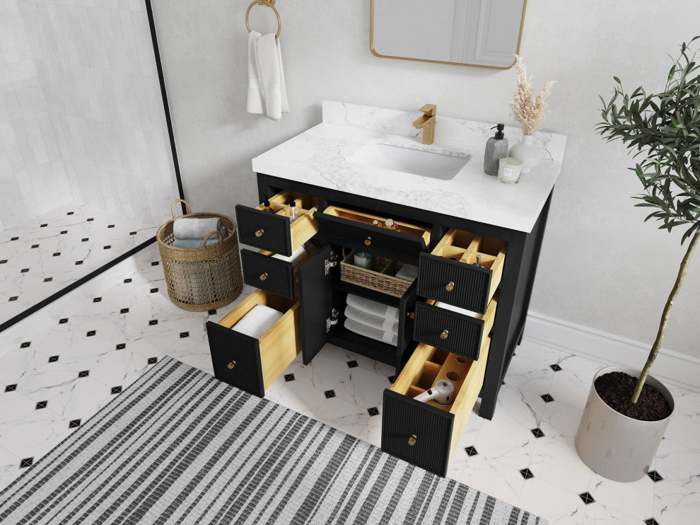 Sonoma 42 Single Sink Reeded Bath Vanity in Black 2" Piatra Gray