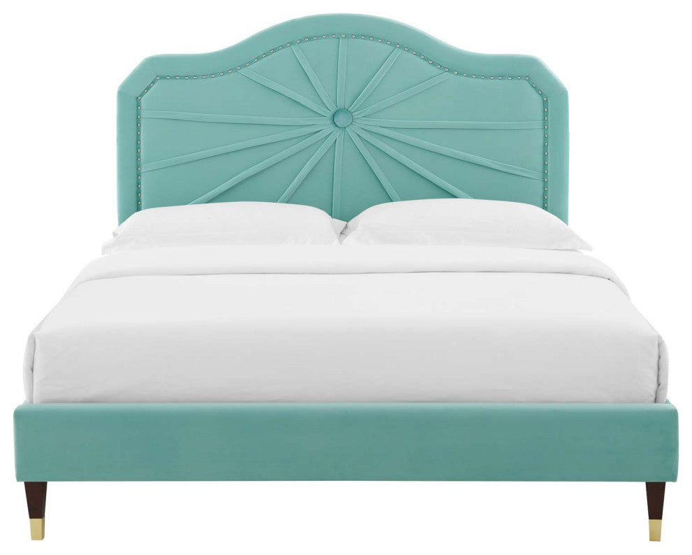 Platform Bed Frame, Full Size, Velvet, Blue, Modern Contemporary, Bedroom Master