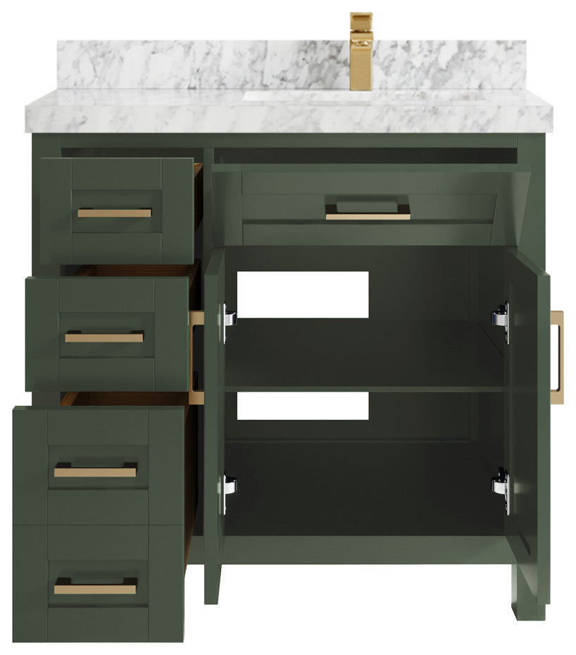 Cambridge 36 Right Offset Bath Vanity in Pewter Green 2" Carrara Marble