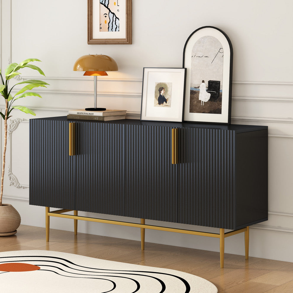 TATEUS 60" Modern Elegant 4-door Sideboard,Gold Metal Handle Storage Cabinet, Black