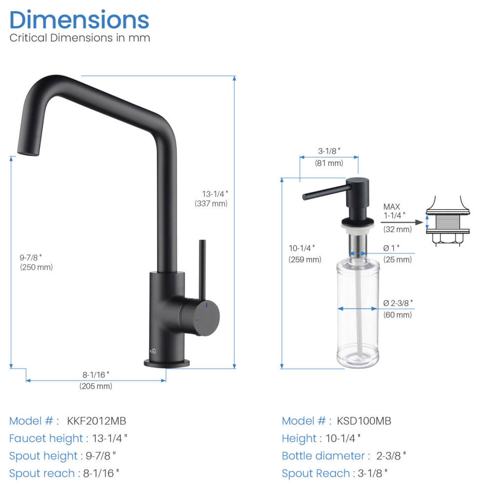 Macon Single Lever Kitchen Bar Faucet, Matte Black W/ Soap Dispenser