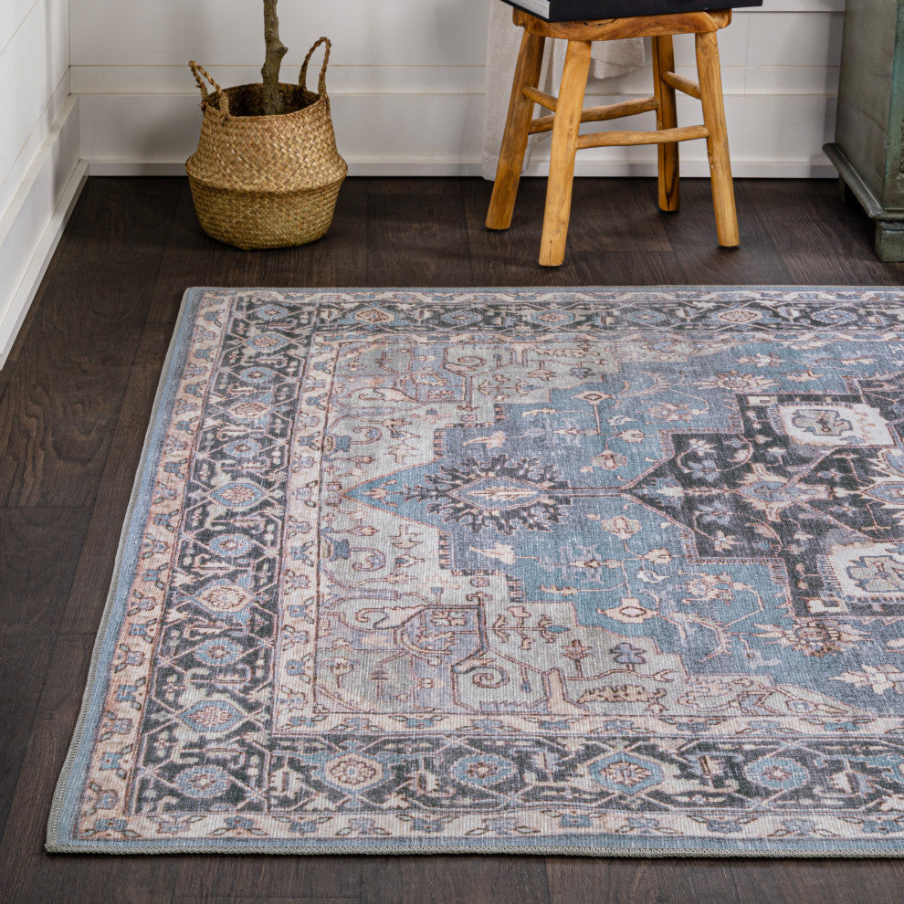 Maris Ornate Medallion Machine-Washable Blue/Cream 4 ft. x 6 ft. Area Rug