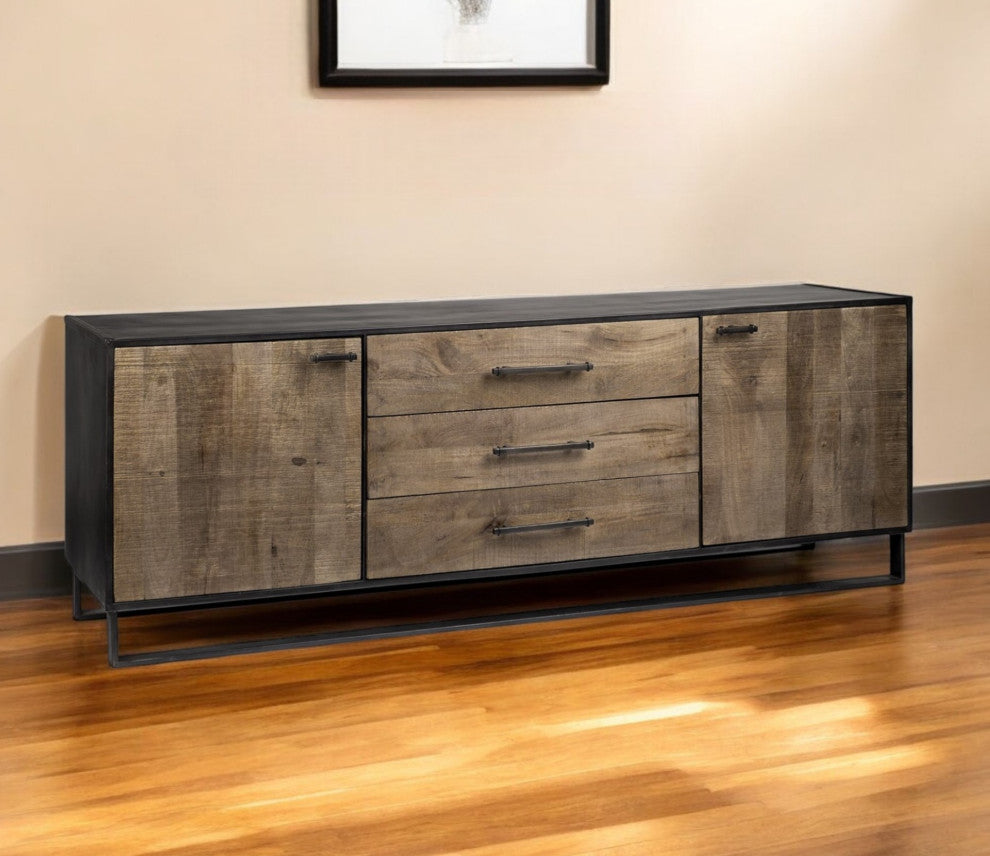 82" Brown and Black Solid Wood Three Drawer Sideboard With 2-Doors
