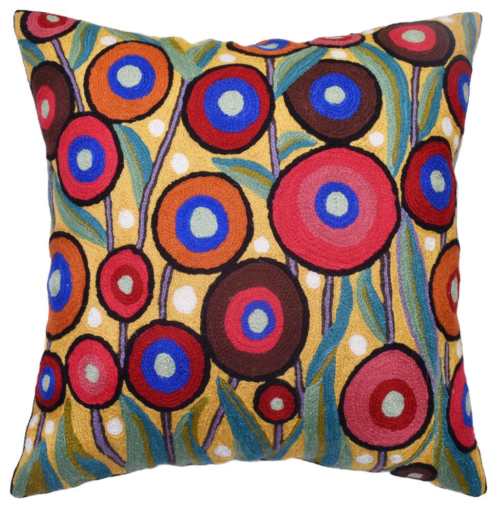 Yellow Floral Poppy Pillow Cover Floral Chair Pillowcase Hand Embroidered 18x18