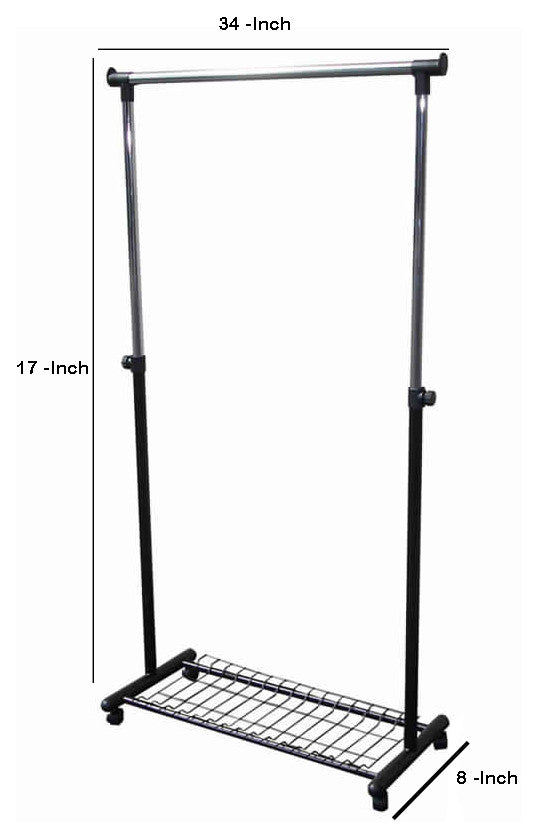 Benzara BM96060 Metal Coat Hanger Rack With Bottom Wired Shelf, Black and Silver