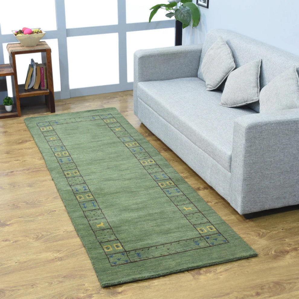 HAND KNOTTED LOOM WOOL ECO-FRIENDLY AREA RUGS - Runner, Green, Contemporary
