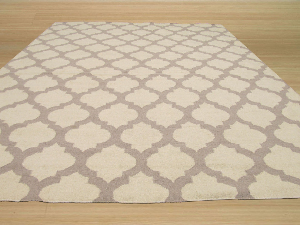 Handmade Wool Ivory Transitional Trellis Reversible Modern Moroccan Kilim Rug, 5'6x8'