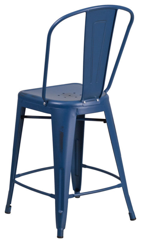 Brimmes 24" Metal Counter Stool, Antique Blue With Curved Vertical Slat