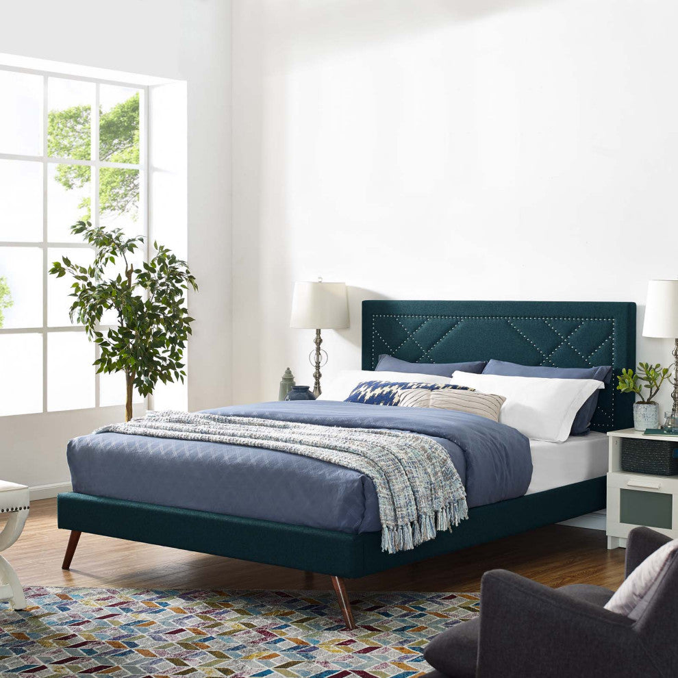 Contemporary Modern Bedroom King Size Headboard, Rivet Nail, Fabric, Navy Blue