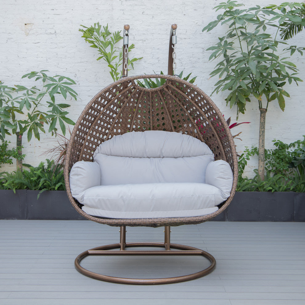 LeisureMod Mendoza Dark Brown Wicker Hanging Double Egg Swing Chair, Light Gray