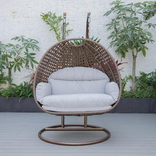 LeisureMod Mendoza Dark Brown Wicker Hanging Double Egg Swing Chair, Light Gray