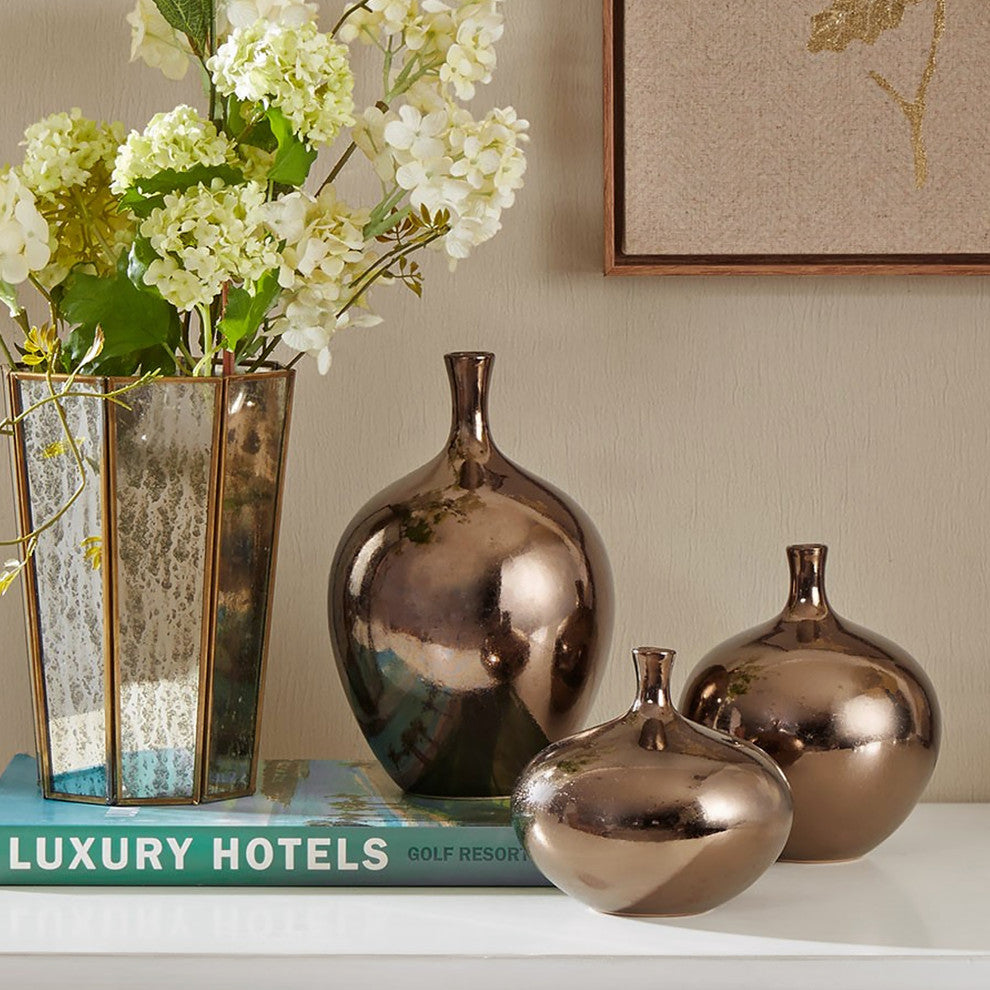Madison Park Signature Ansen Mirrored Ceramic Decorative Vases Set, Bronze