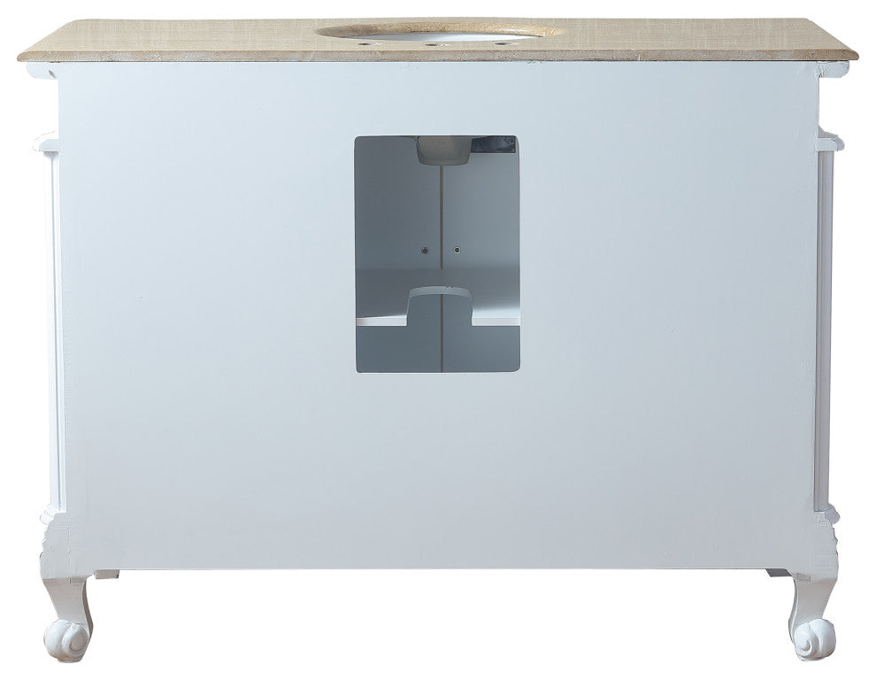 Cassandra 48" Single Sink Bathroom Vanity, White Cabinet, Travertine Marble Top