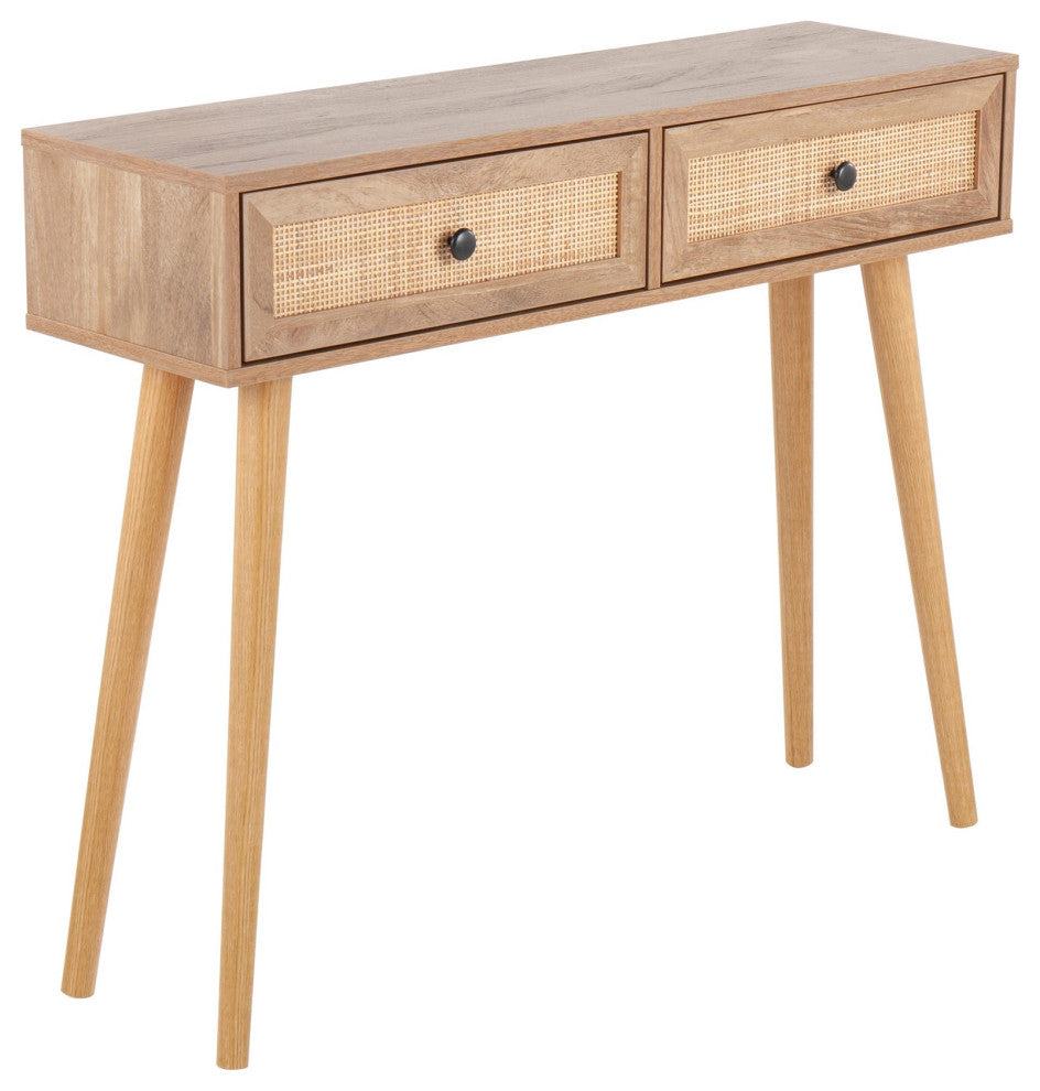 Bora Bora Contemporary Console Table, Natural Wood With Rattan Accents