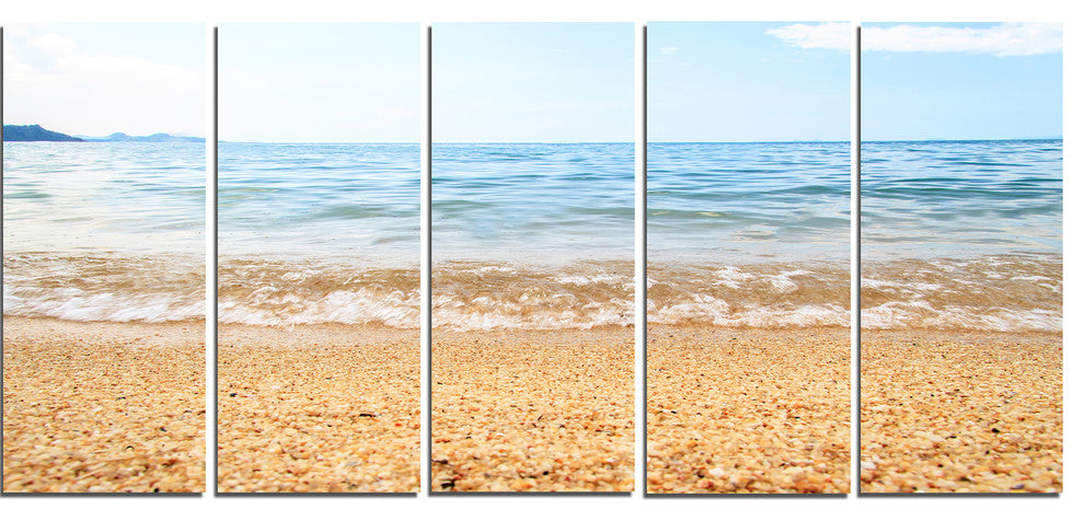 "Blue Seashore With Pebble Stones" Modern Seascape Wall Art, 5 Panels, 60"x28"