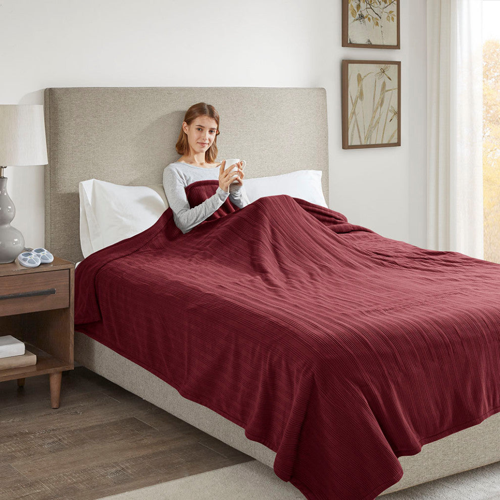 Serta Ribbed Micro Fleece Heated Blanket, Burgundy