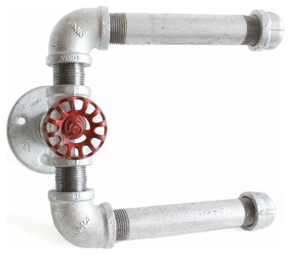 Industrial Pipe Toilet Paper Holder, Galvanized Pipe, 2-Roll, Red Hose Knob