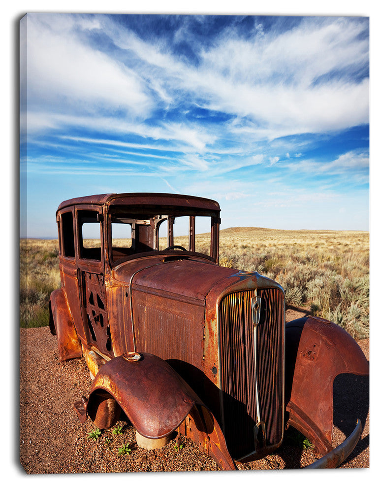 Vintage Car under Bright Blue Sky, Abstract Canvas Artwork, 30"x40"