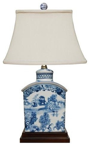 Chinese Blue and White Blue Willow Porcelain Tea Caddy Table Lamp, 17.5"