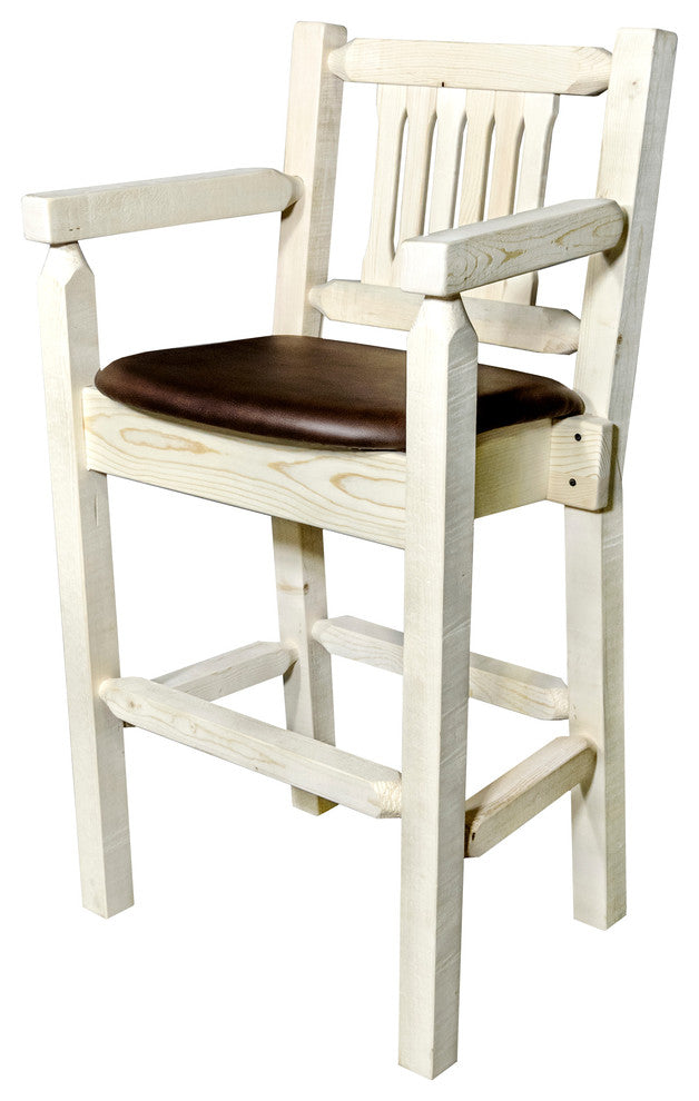 Captain's Barstool, Clear Lacquer Finish With Upholstered Seat, Saddle Pattern