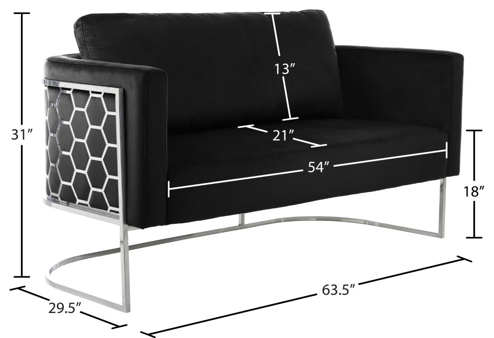 Casa Velvet Upholstered Loveseat, Black, Chrome Finish