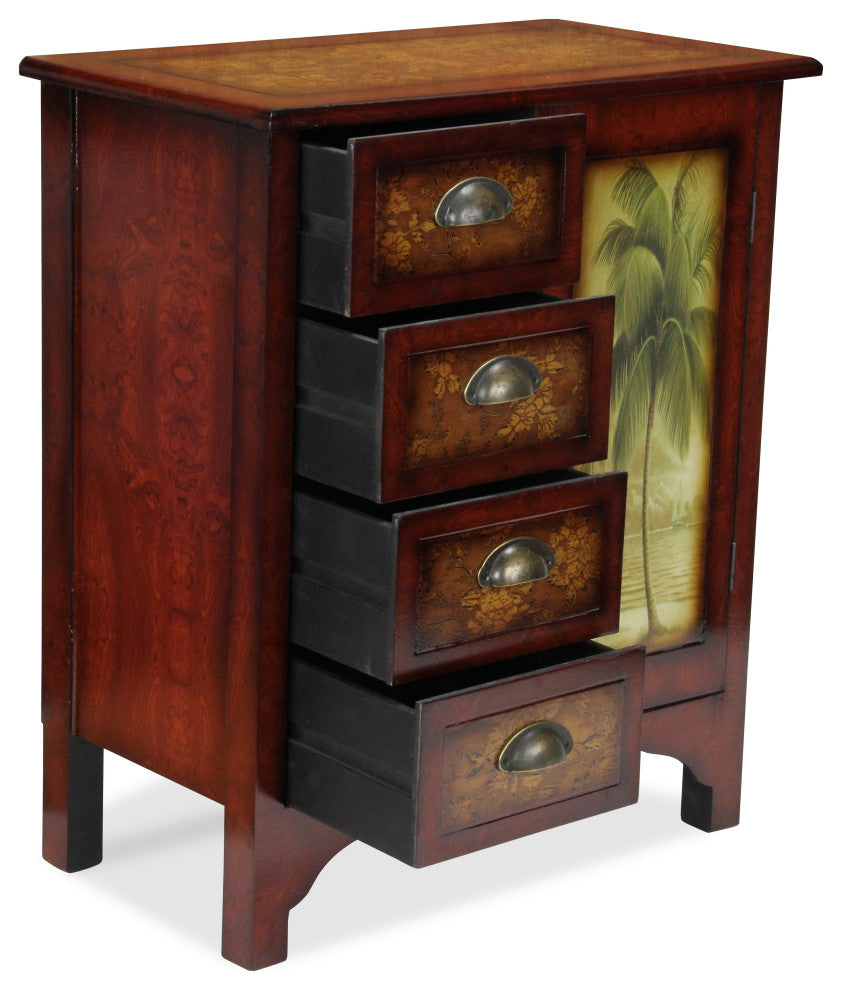 Wooden Cabinet With 4-Drawers, 1-Door, Burlwood Veneer
