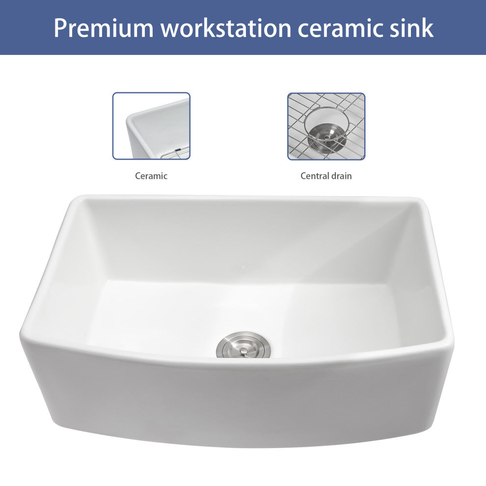 White Farmhouse Ceramic Kitchen Sink Single Bowl Apron Front Basin, 33"x19"x10"