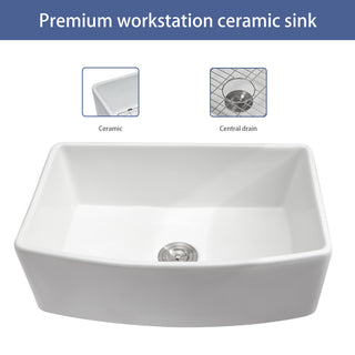 White Farmhouse Ceramic Kitchen Sink Single Bowl Apron Front Basin, 33"x19"x10"