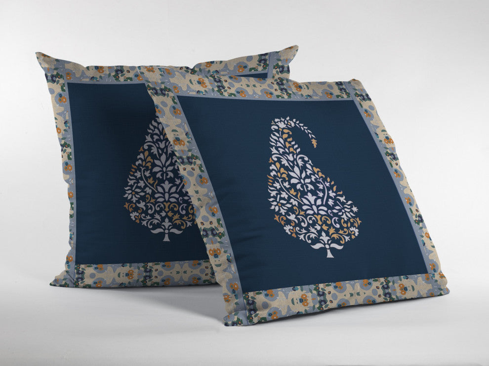 16 Orange Navy Paisley Suede Decorative Throw Pillow