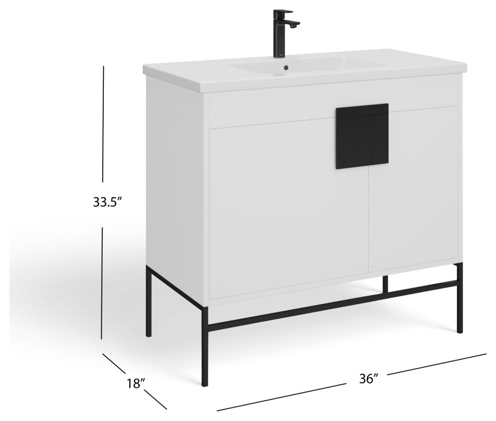 Lockhart Bath Vanity, White, 36", Black Hardware, Single Sink, Freestanding