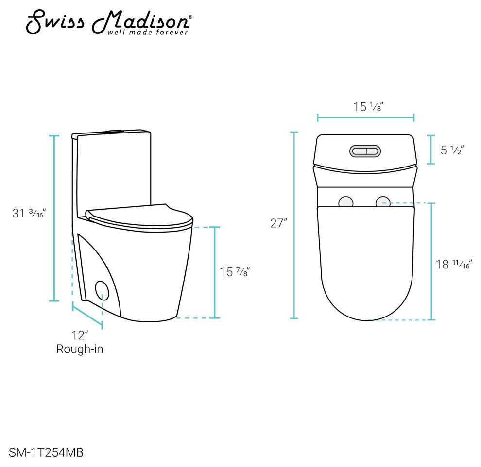 St. Tropez Elongated Toilet, Dual Vortex Flush, Matte Black