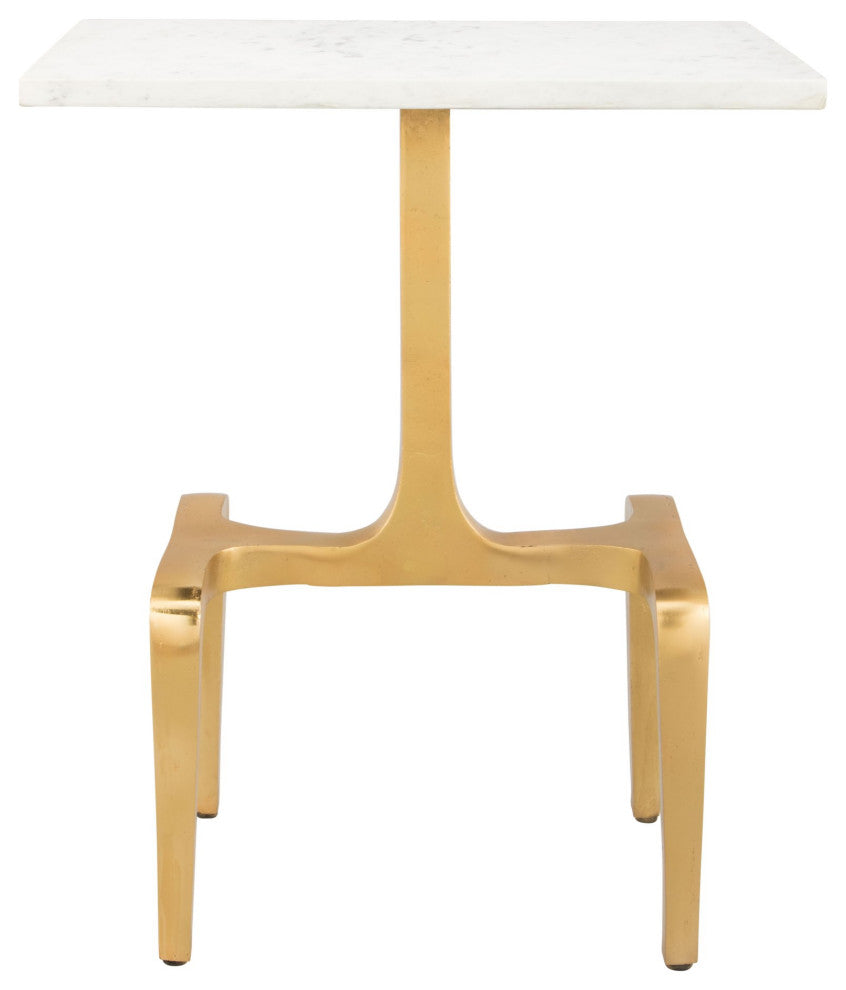 Sofa Side Table, Rectangular, Artificial Marble, Aluminum Metal, White, Gold