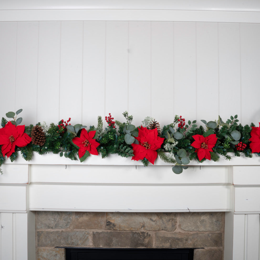 9' Artificial Christmas Garland with Lights, Christmas Poinsettia