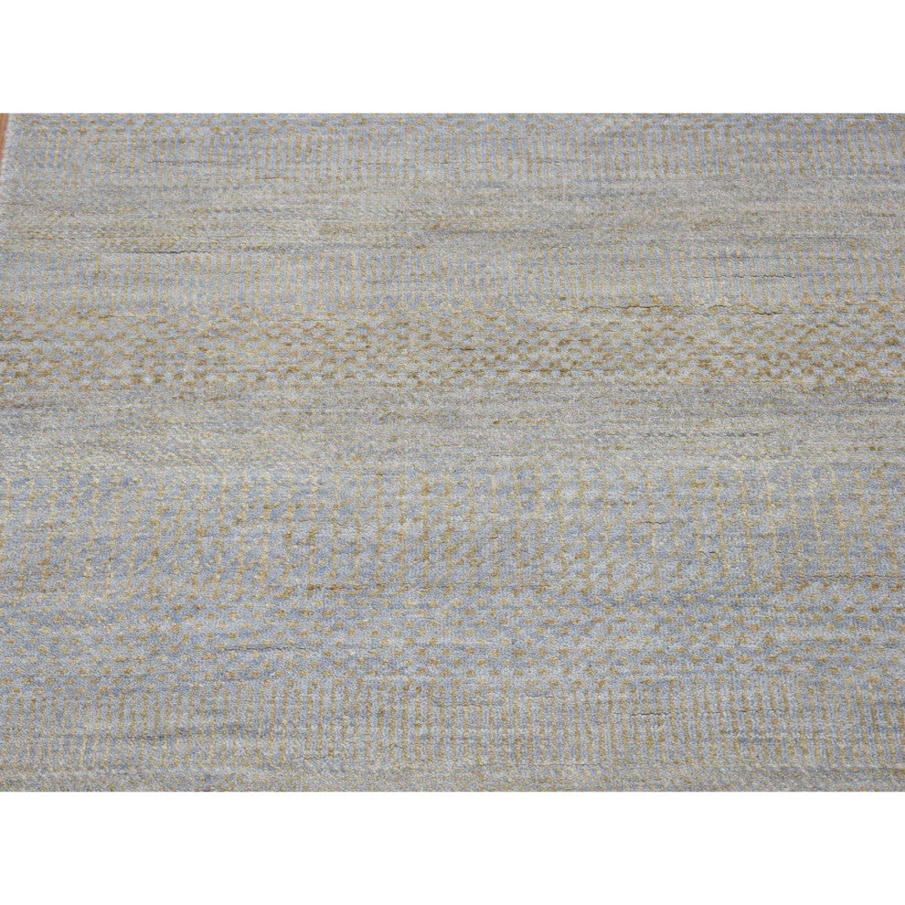 Gray Modern Grass Design Gabbeh Hand Knotted Wool and Silk Runner Rug, 2'8"x9'1"