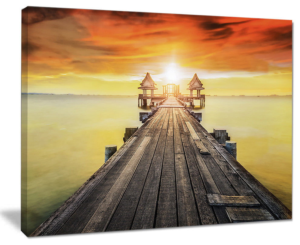 "Huge Wooden Pier Into Yellow Sun" Sea Pier and Bridge Wall Art Canvas, 20"x12"