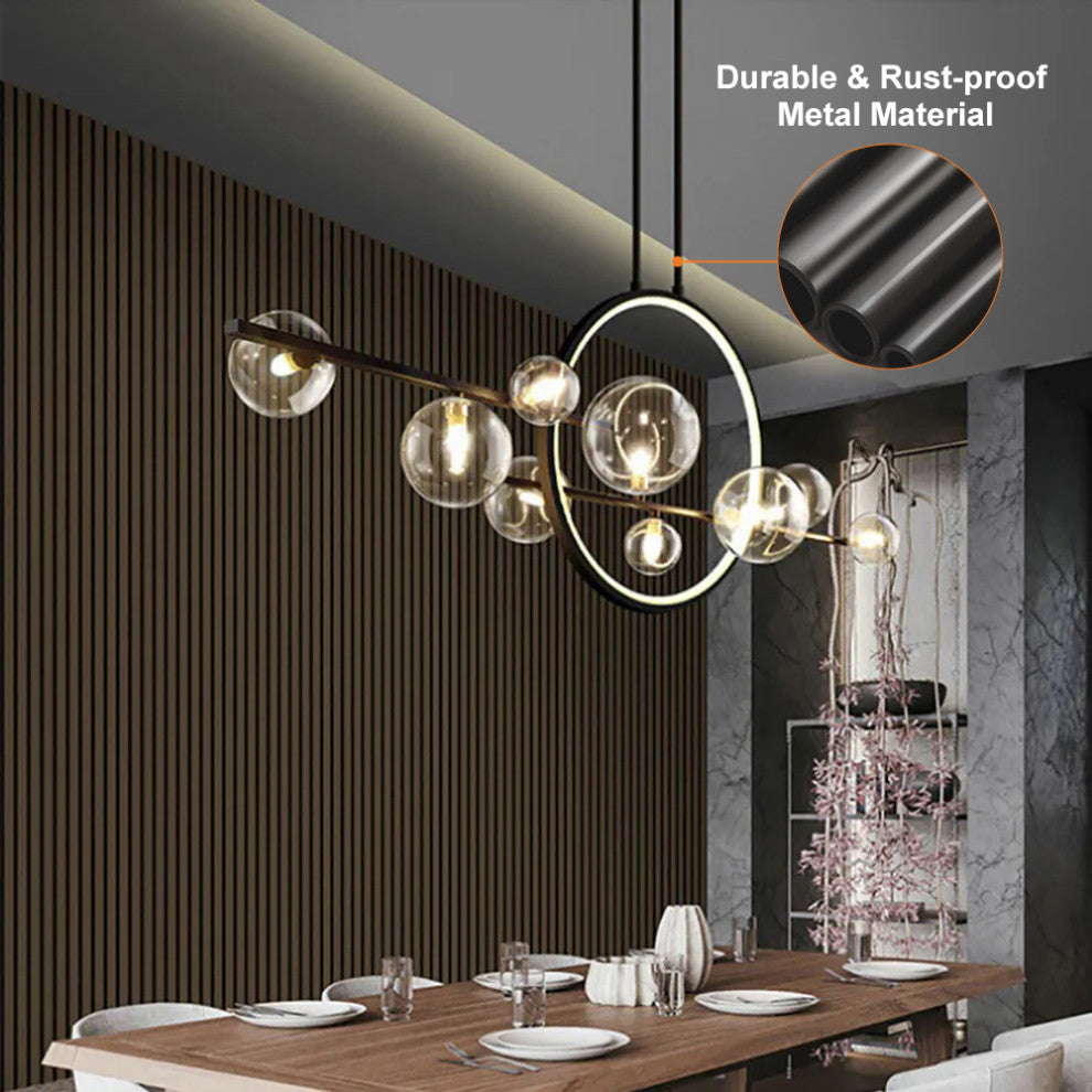 Bubi Modern Kitcehn Island Light for Dining Room with Glass Globe Shade, Black, 10-Light