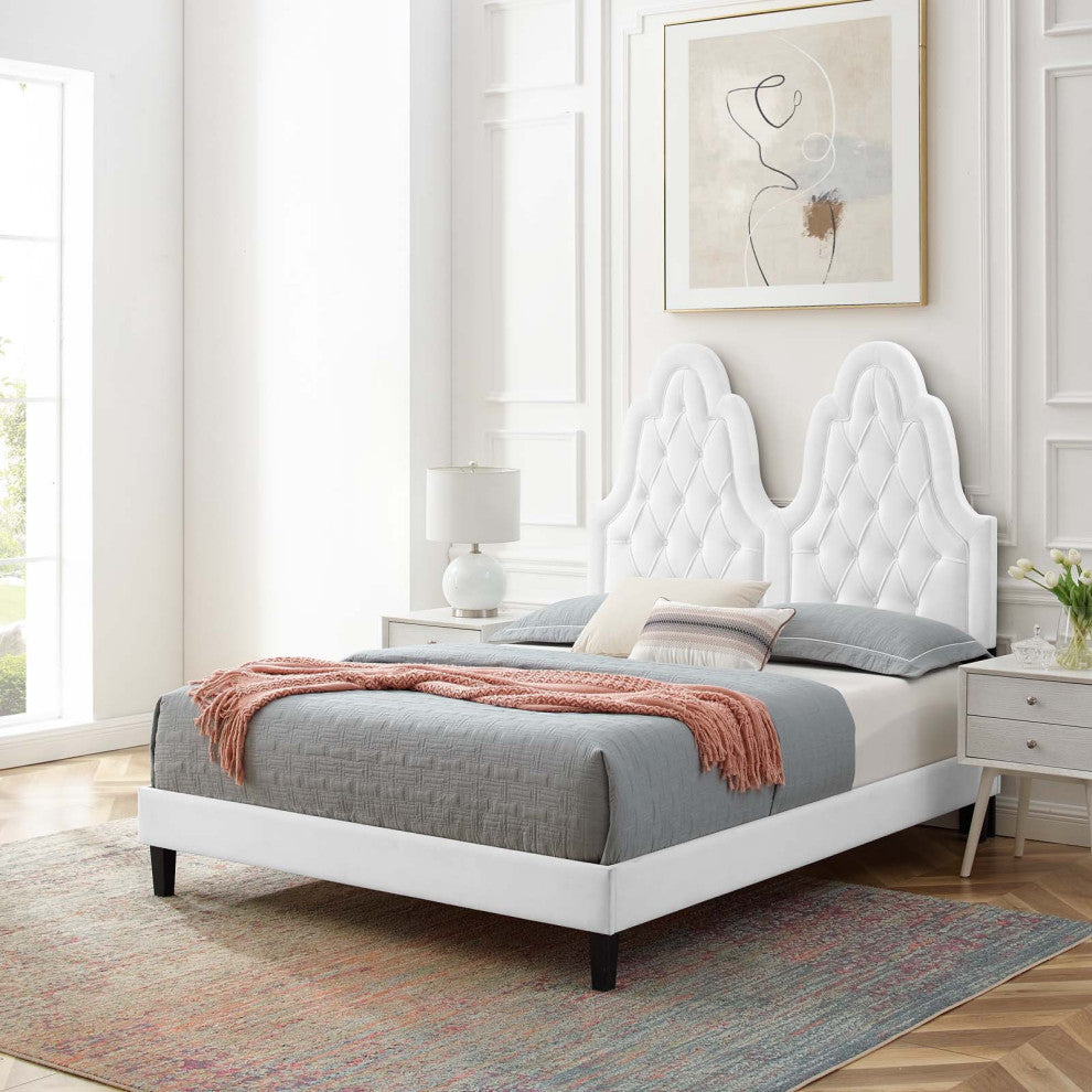 Tufted Platform Bed Frame, Full Size, Velvet, White, Modern Contemporary