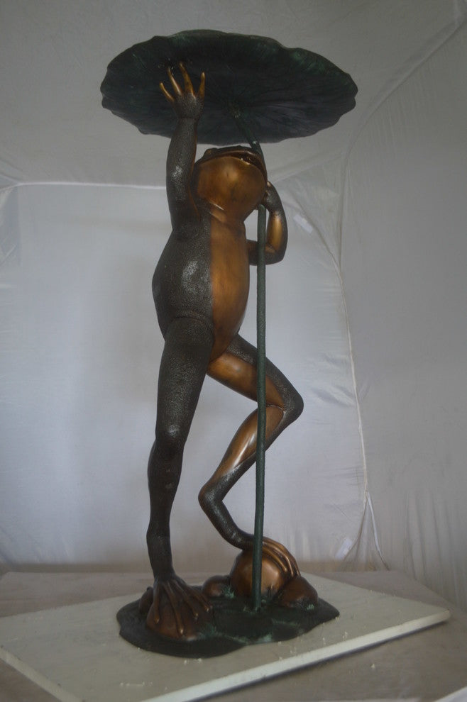Frog with Umbrella Fountain Bronze Statue -  Size: 22"L x 22"W x 43"H.