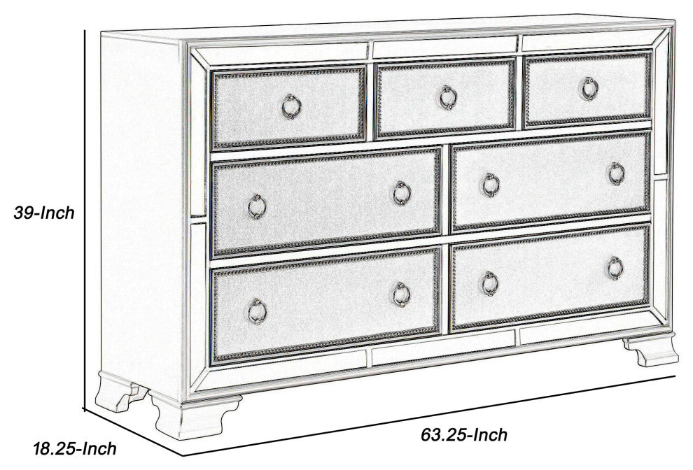 Benzara BM219008 7 Drawer Wooden Dresser With Mirror Trim and Ring Pulls, Silver