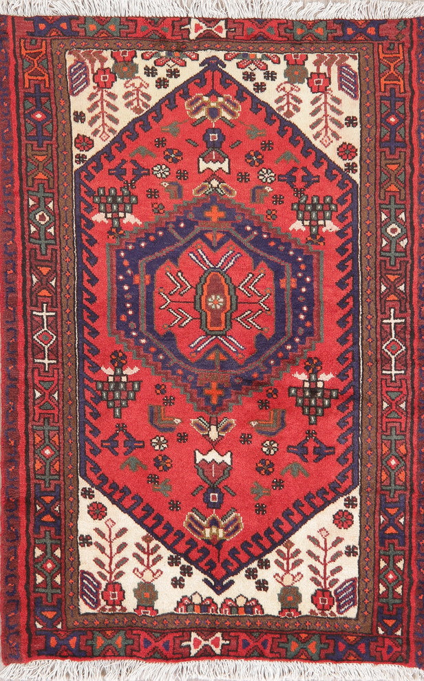 Consigned, Wool Persian Hamedan Hand-Knotted Oriental Area Rug, Red, 4'8"X3'2"