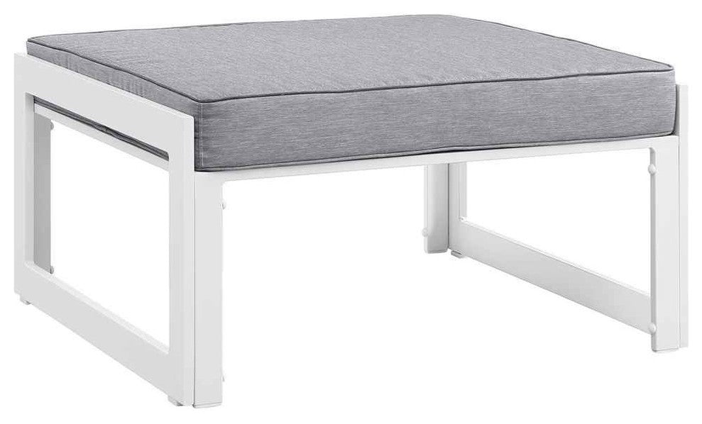 Modern Urban Contemporary Outdoor Patio Ottoman, White Gray Fabric Steel