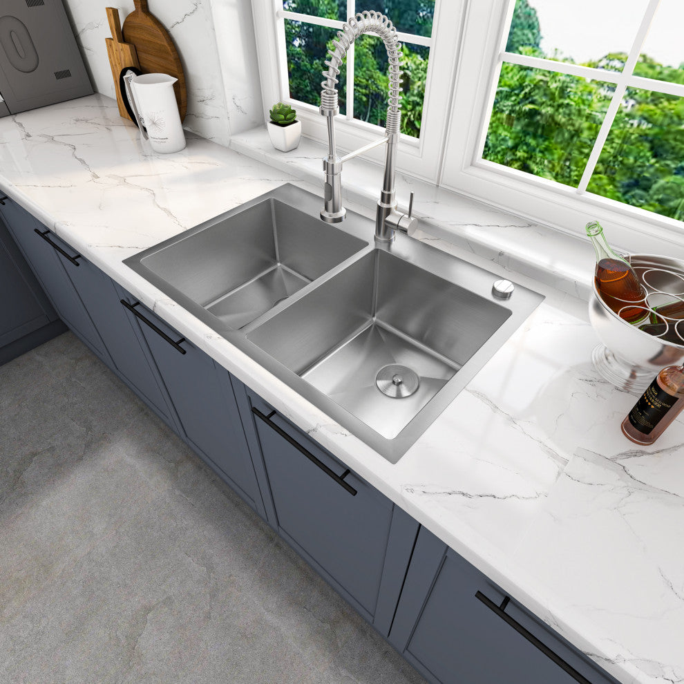Sinber Double Bowl Kitchen Sink with 304 Stainless Steel Satin Finish, 33"x22"x9", Drop in