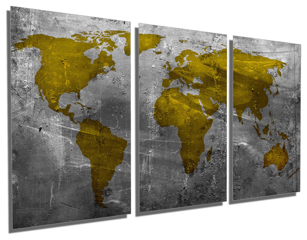 Metallic Gold World Map Metal Print Wall Art, 3 Panel Split, Triptych,
