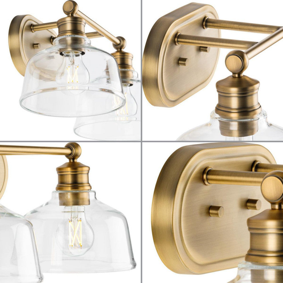 Singleton 2-Light 17" Vintage Brass Farmhouse Vanity Light, Clear Glass Shades