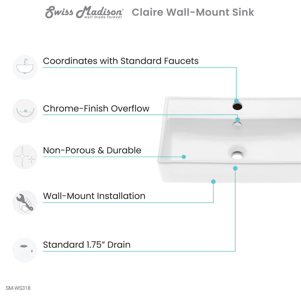 Claire Ceramic Wall Hung Sink, Glossy White