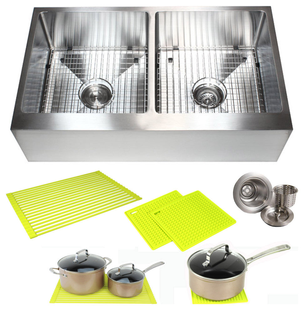 36" Apron Flat Front Stainless Steel Kitchen Double Bowl Sink Package