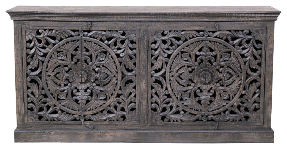 Carter Flores 4-Door Sideboard, Distressed Gray Finish on Mango Solid Wood
