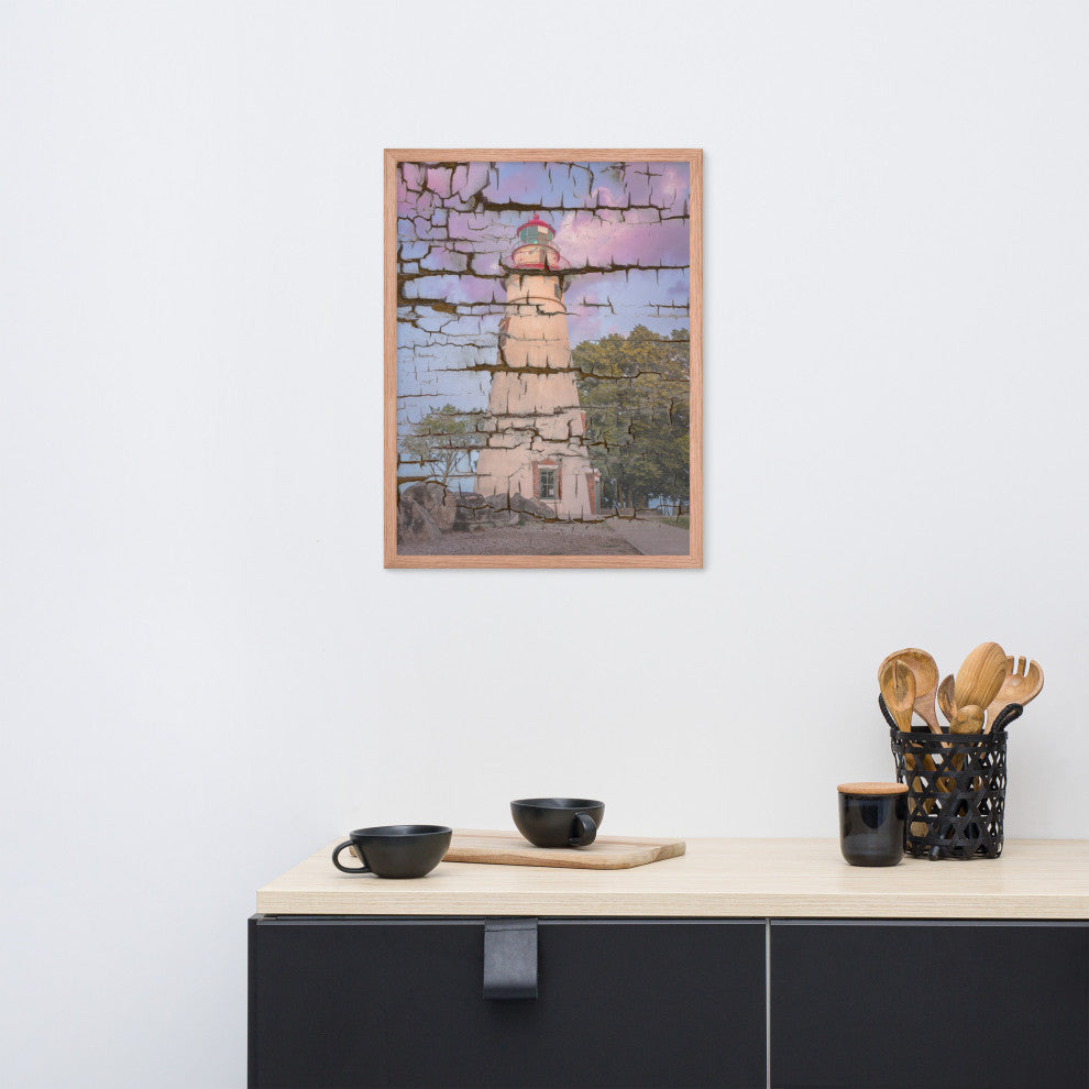 Faux Wood Texture Marblehead Lighthouse at Sunset Framed Photo Wall Art Print, Red Oak, 18" X 24"
