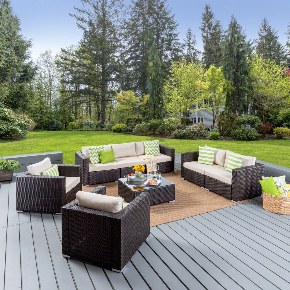 GDF Studio Samuel Outdoor 7 Seater Wicker Sofa Chat Set With Cushions, Multibrown/Beige Cushions